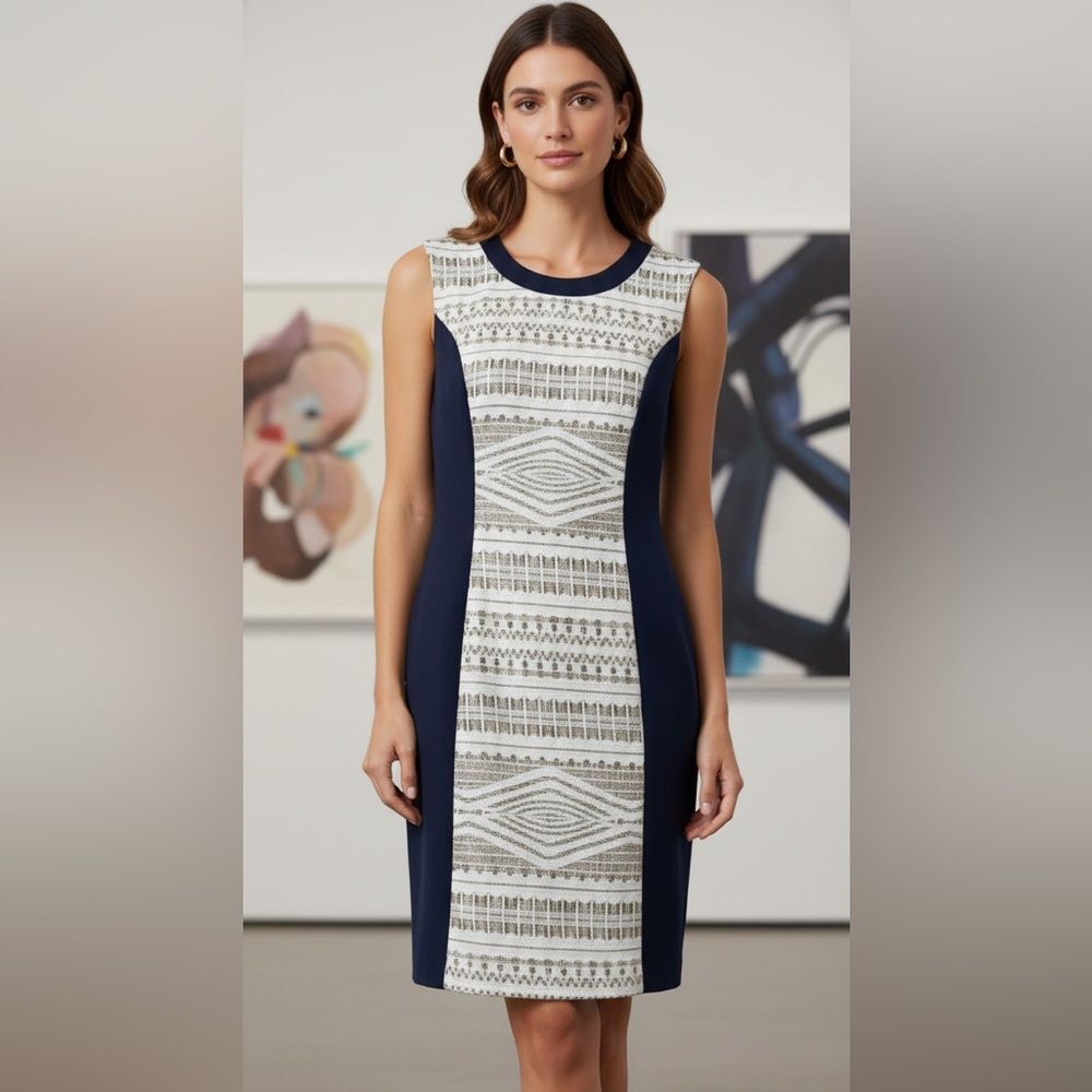 Take 50% OFF- Anne Klein Blue and White Sleeveless Sheath Dress, Size-10P